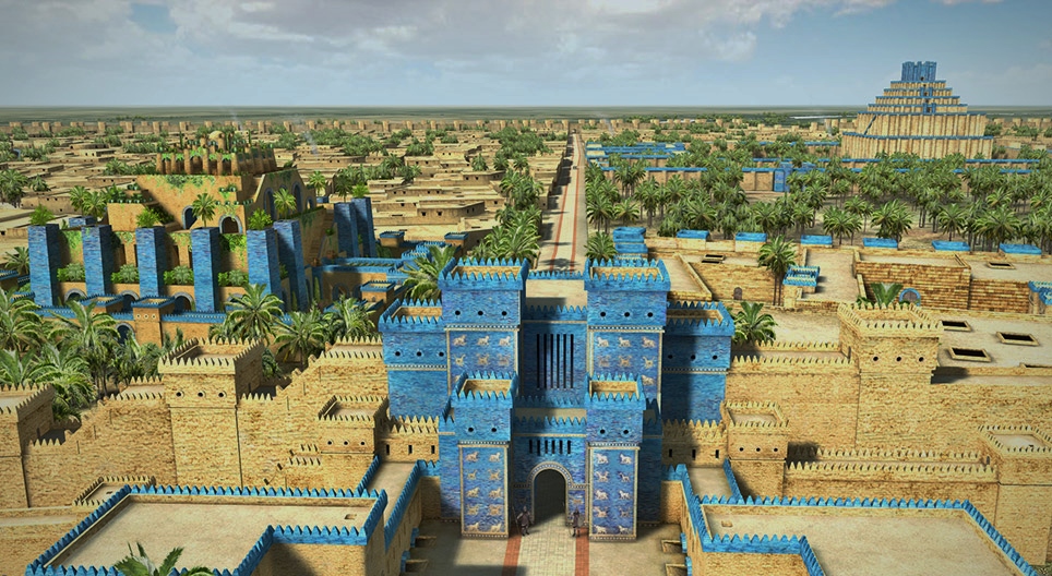 Reconstructie van de stad Babylon in de 6e eeuw voor Chr.